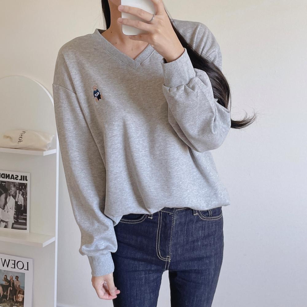 キュートなテディベア Vネック バルーン スウェット トップス レイヤード 秋スウェット レディース