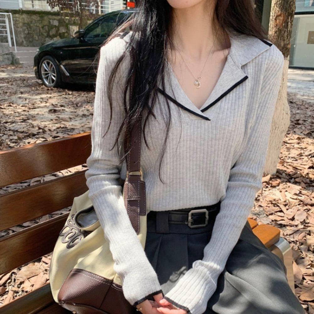 カラー レディース Tシャツ リブ編み レディース 長袖 トップス ニット Tシャツ