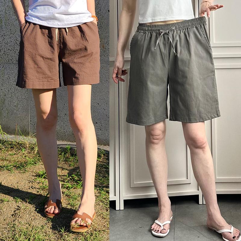 1+1 夏 涼しく快適 リネン バンド付き ショートパンツ 4分丈 5分丈 ビッグサイズ