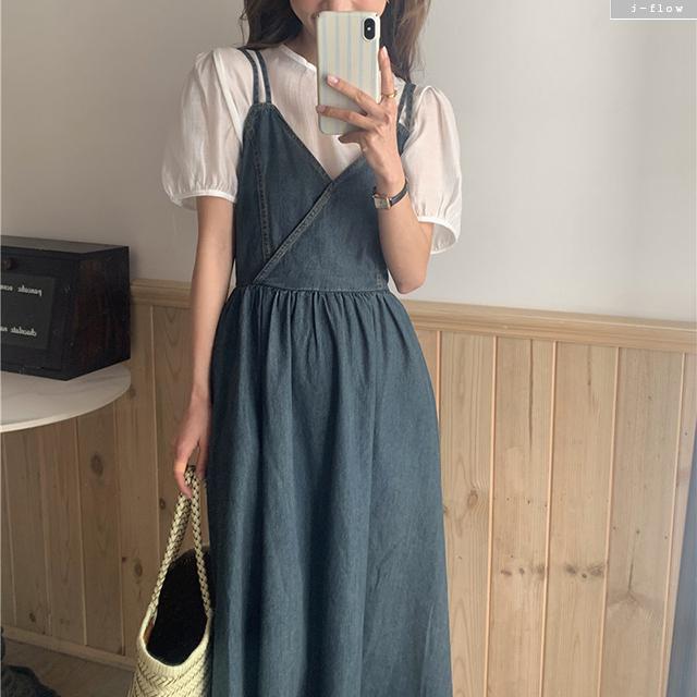 カプリ デニム Vネック ビスチェ スモックバンディング ロングワンピース (진청) 春 夏 レイヤード J.FLOR