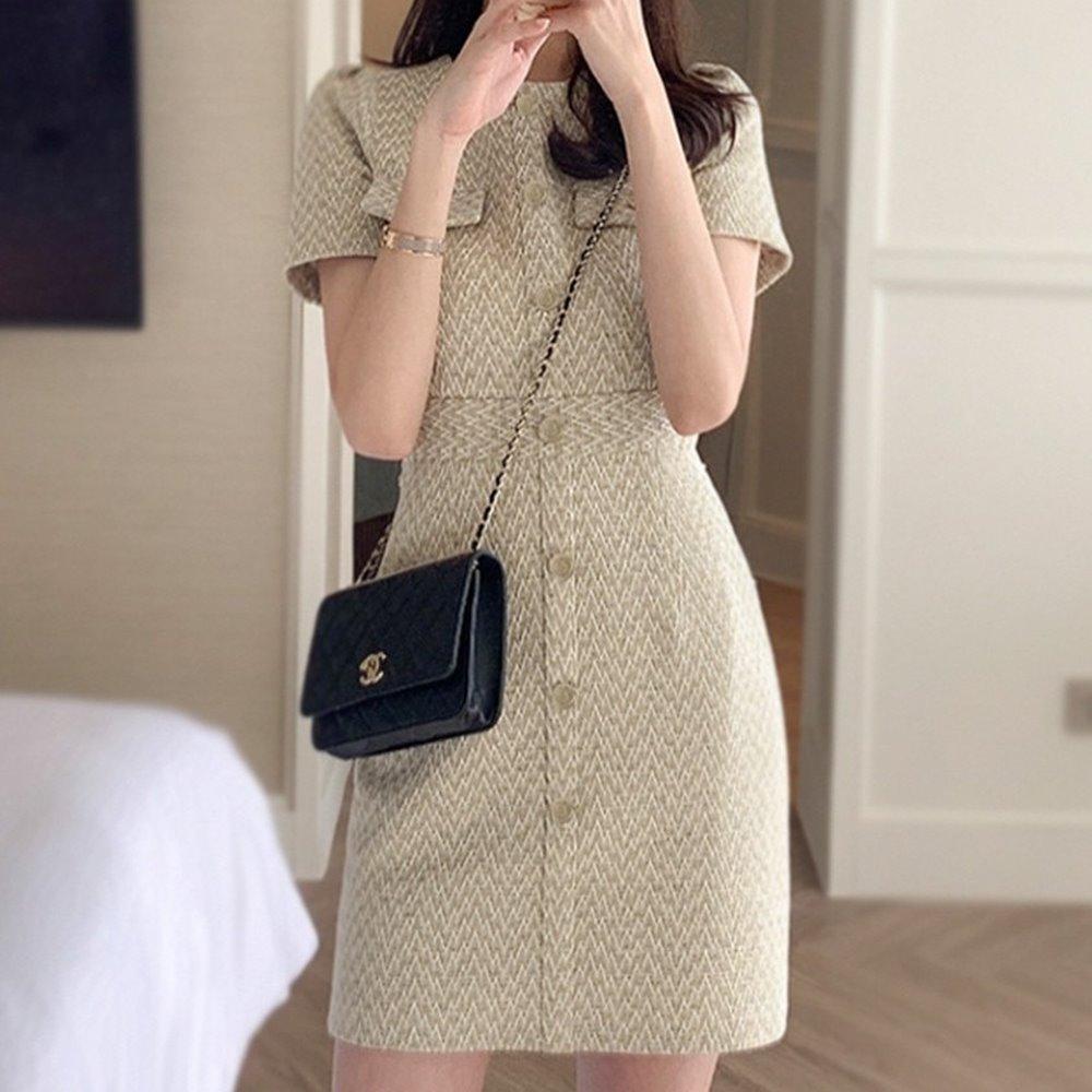 ELRIS 夏 秋 ハレの日 ワンピース デートスタイル ツイード Hライン 半袖 ミニワンピース