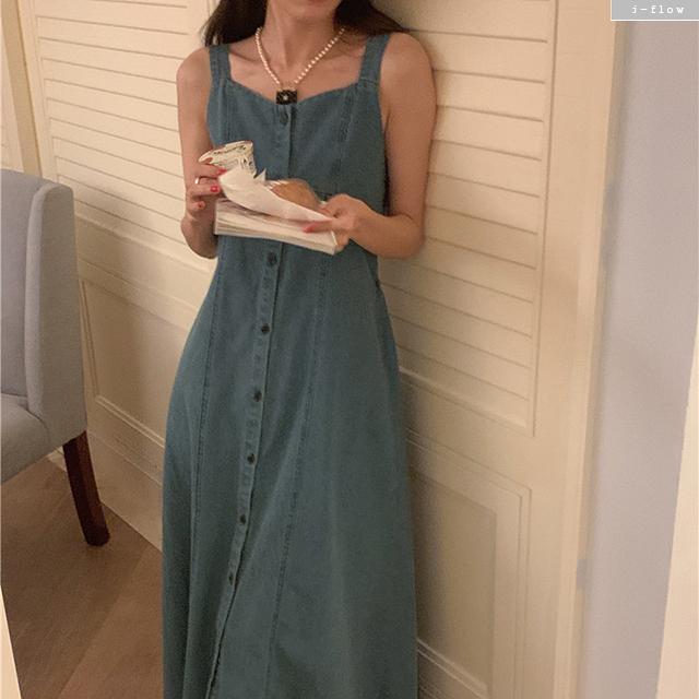 MENTOS デニム マキシ ノースリーブ ボタン ロングワンピース 1col 春 夏 スクエア スモック バンディング J.FLOR
