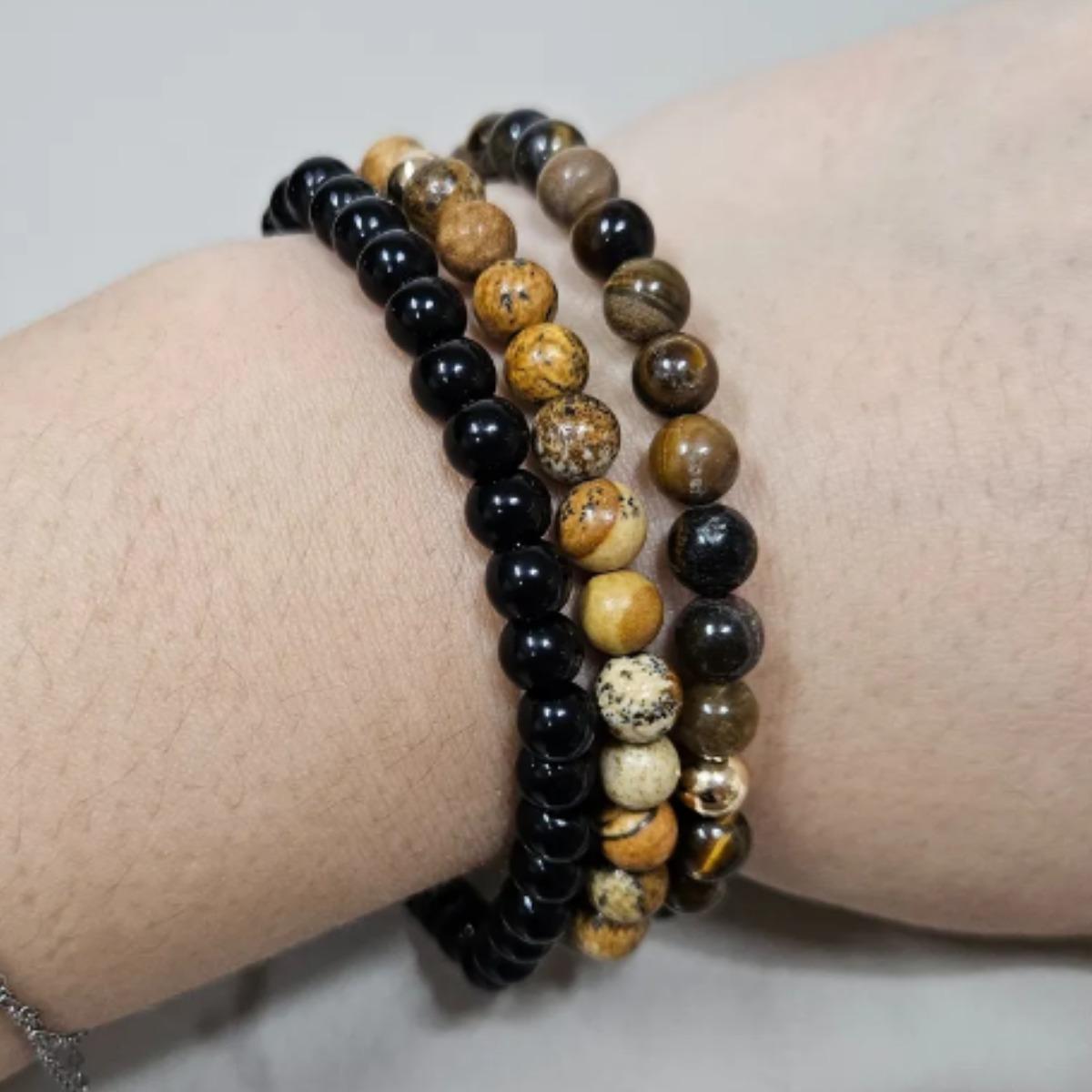 デイリーファッションブレスレット 天然石 オブシディアン タイガーアイ ジャスパー 男性用 レイヤード ハンドメイドアクセサリー ブラック イエロー