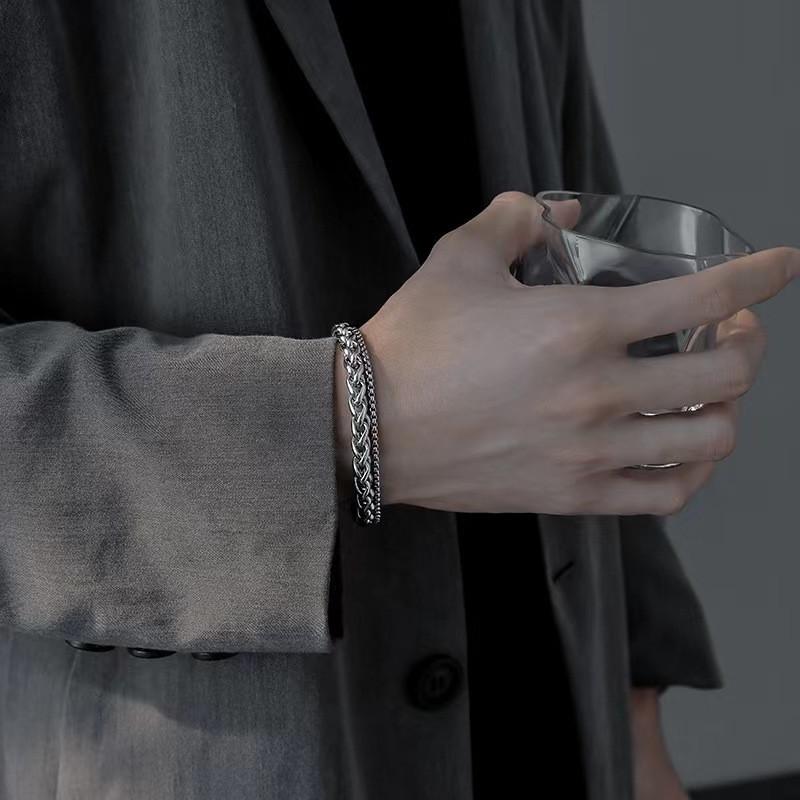 メンズ ステンレススチールチェーンブレスレット ヒップホップスタイル レトロ ストリート センス ファッション アクセサリー シンプルデザイン ダブルレイヤー