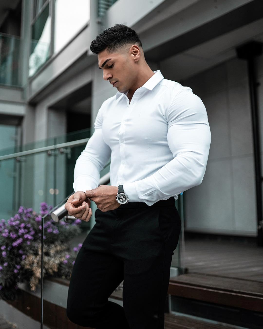 5XL ビッグサイズ スパン 筋肉質 メンズ Yシャツ スリム マッスルフィット シャツ 2種