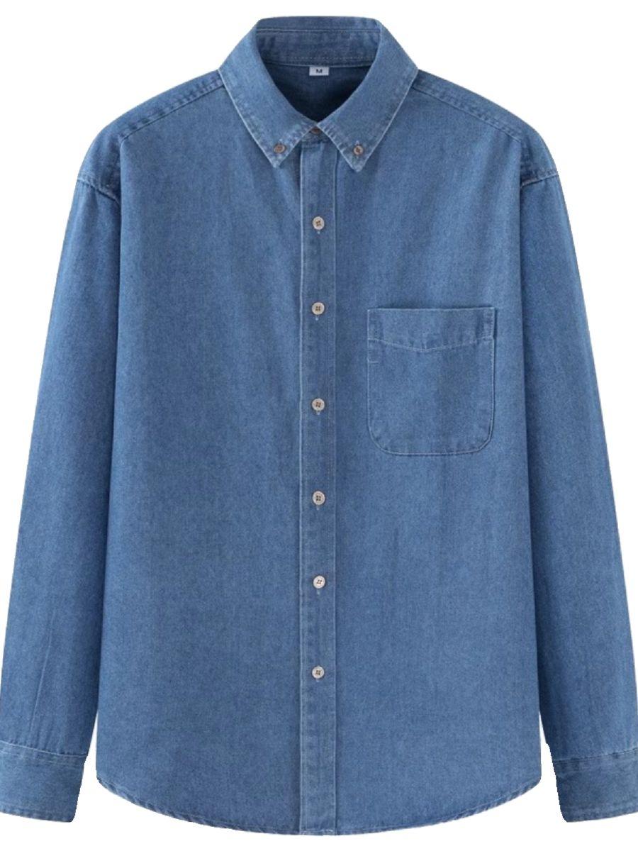 襟付きボタン付きルーズフィットシャツ。メンズデニムシャツ、カジュアル、デート、面接、通勤スタイル。