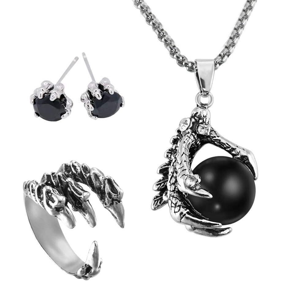 Eqlef ドラゴンクロー ゴシックネックレス スタッドピアス メンズ リング プレゼント ユニークなアクセサリー ドイツ直輸入