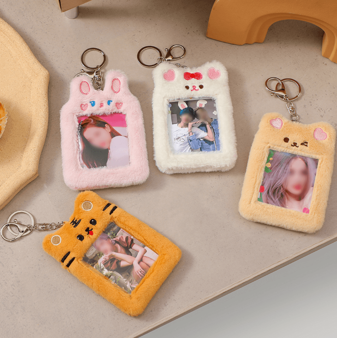 ファーポカホルダー フォトカードホルダー 証明写真 キーリング フォト キーホルダー リボン猫
