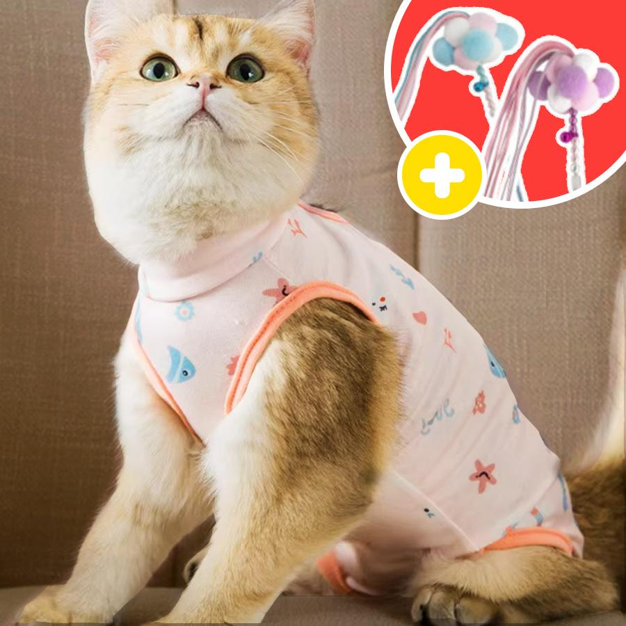 猫用術後服 コットン100% 避妊・去勢手術服 三毛猫 ピンク
