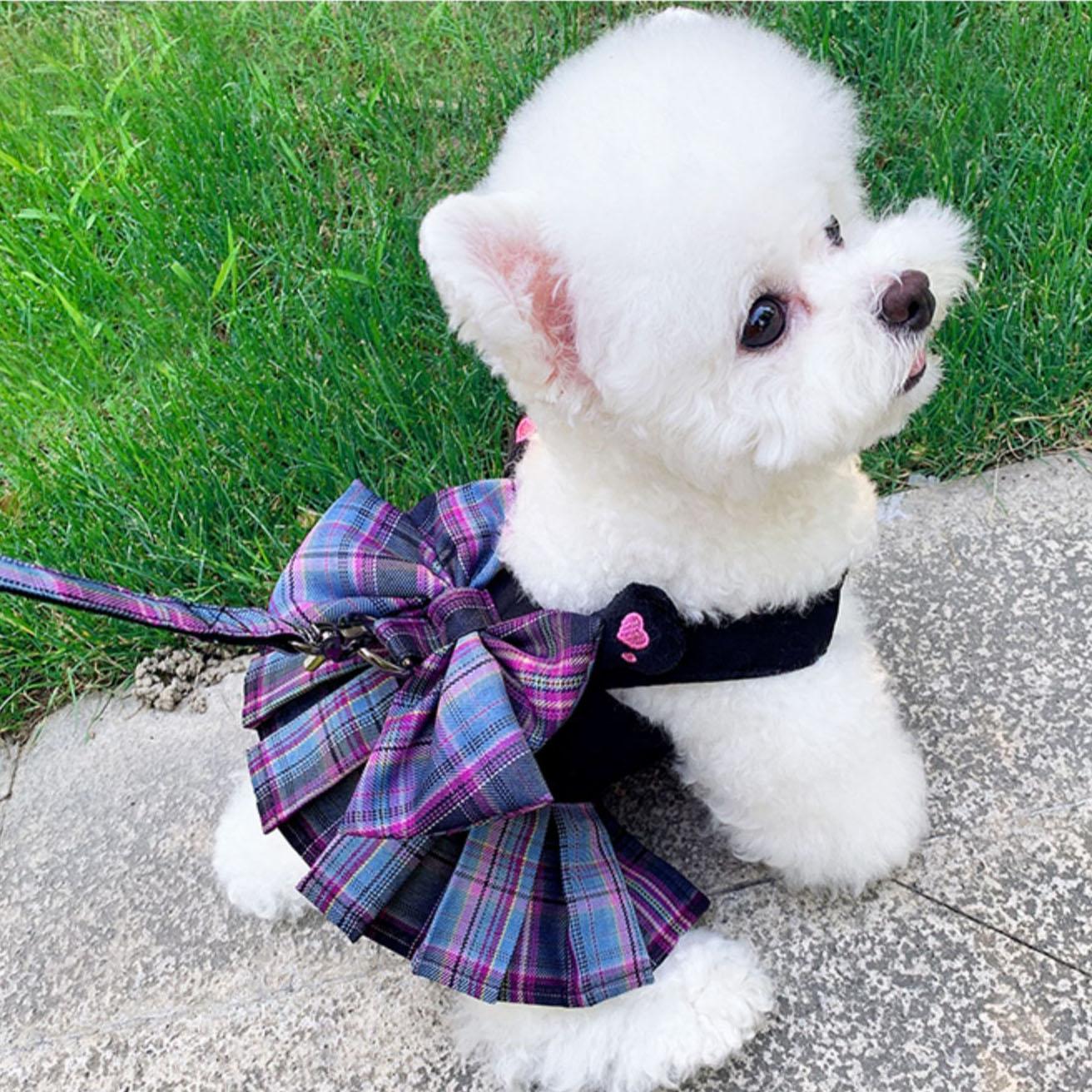 チェックリボン 犬用ワンピース ハーネス服 リード付き ドッグタンクトップドレス 犬服