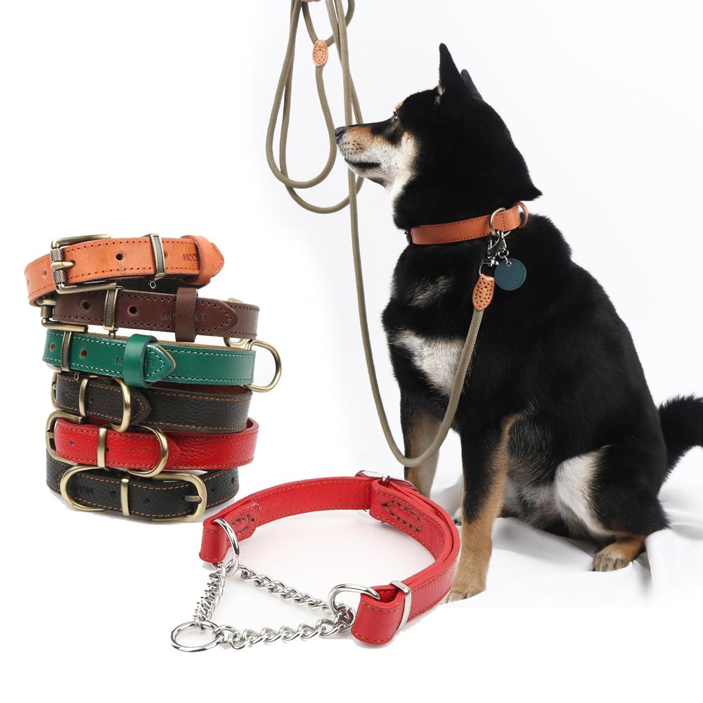 犬用リード MOZPET レザーチョーク 中型犬 大型犬 ブラック S 名前タグ