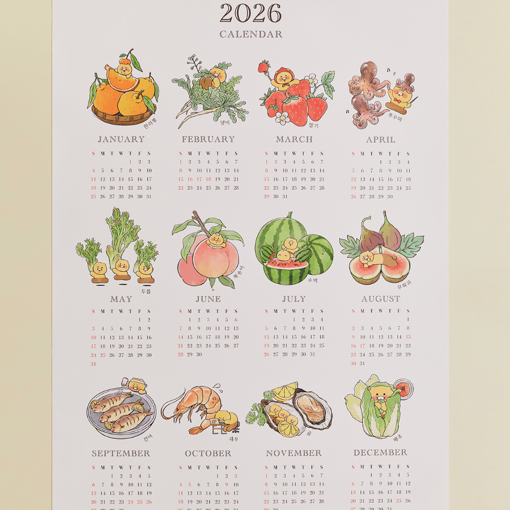 Kakao Friends 2026 チュンシク 旬の食材 ポスター カレンダー ホワイト, 1個