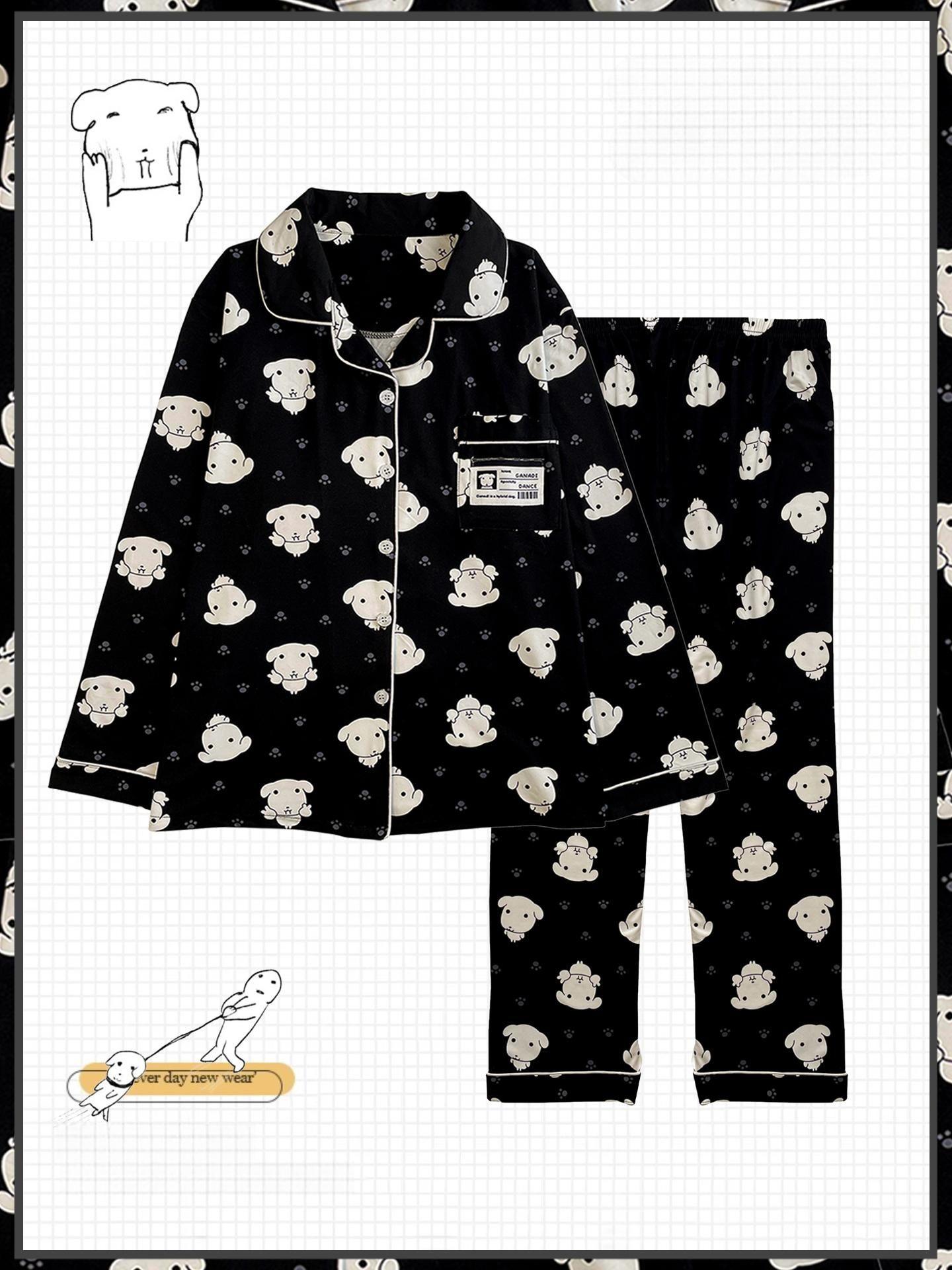 ganadi 犬柄ホームウェア 春 パジャマ ロングパンツ セット 長袖 ブラック ganadi M