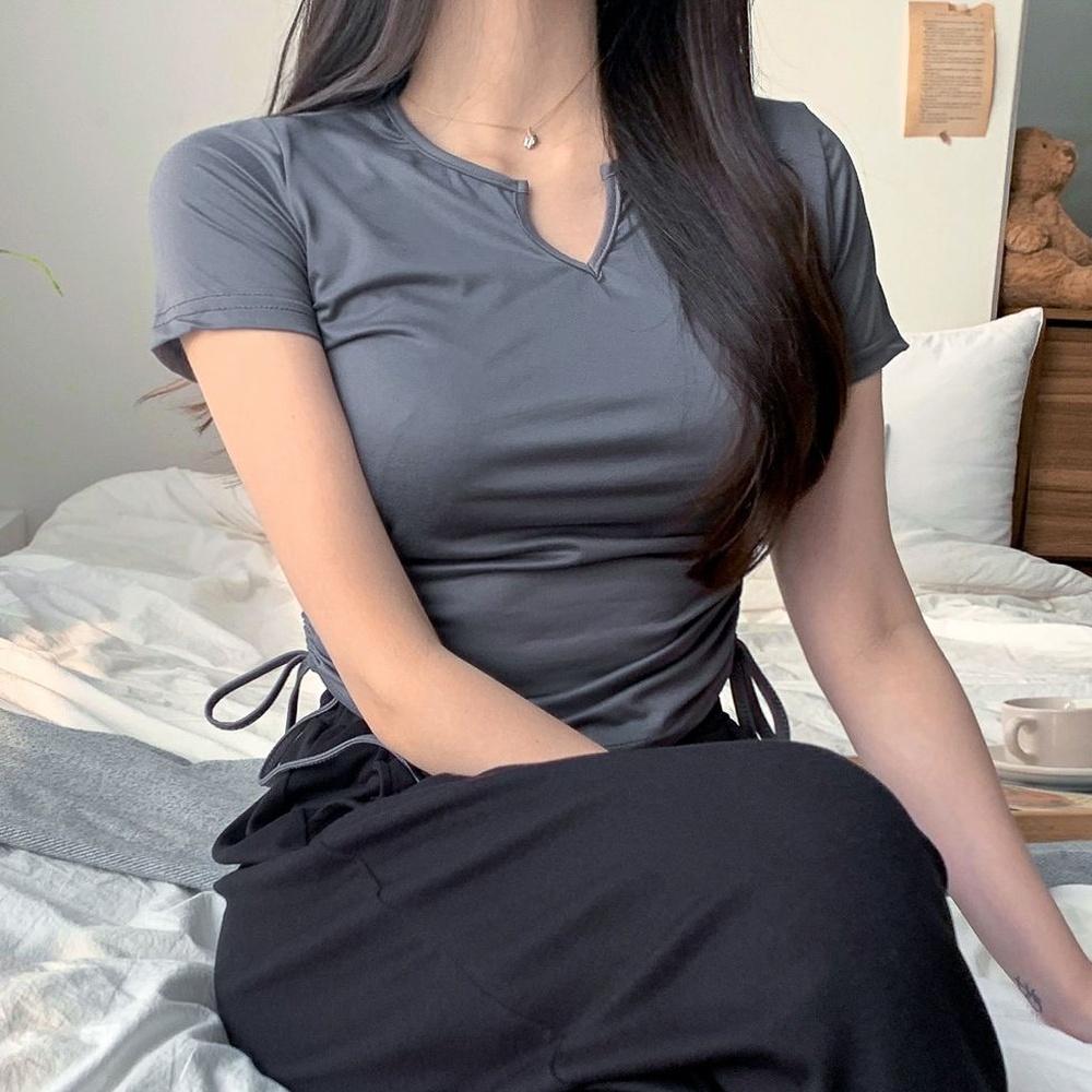 無地 半袖 スリムフィットシャーリングTシャツ スタンダードフィット レディース Uネック レディーストップス デイリールック