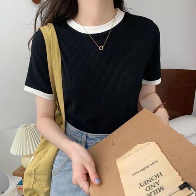 ラウンド カラーステッチ 半袖Tシャツ 春 夏 デイリーTシャツ レディース トップス