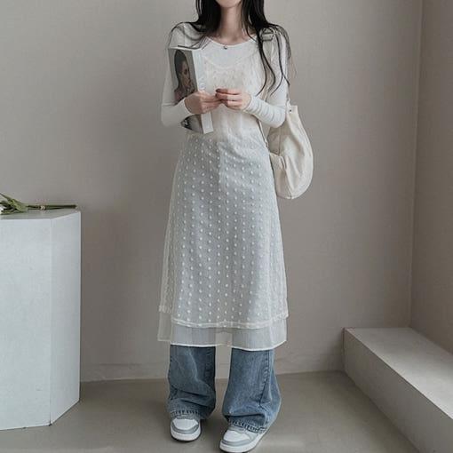 シースルー レース レイヤード フラワー ストラップ調整 チュール ビスチェ ワンピース