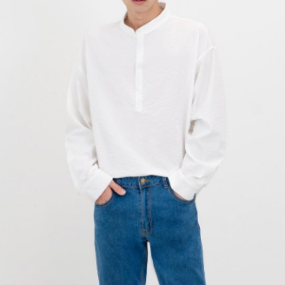 メンズ ヘンリーネック シアサッカー シャツ 春 メンズ ミニマル カジュアル ベーシック シャツ デートルック