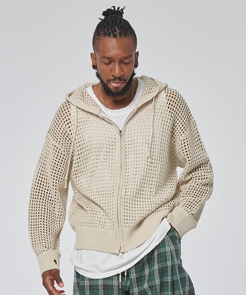 [テネル] メッシュ サマー 2WAY フードジップアップ ニット クリーム 0