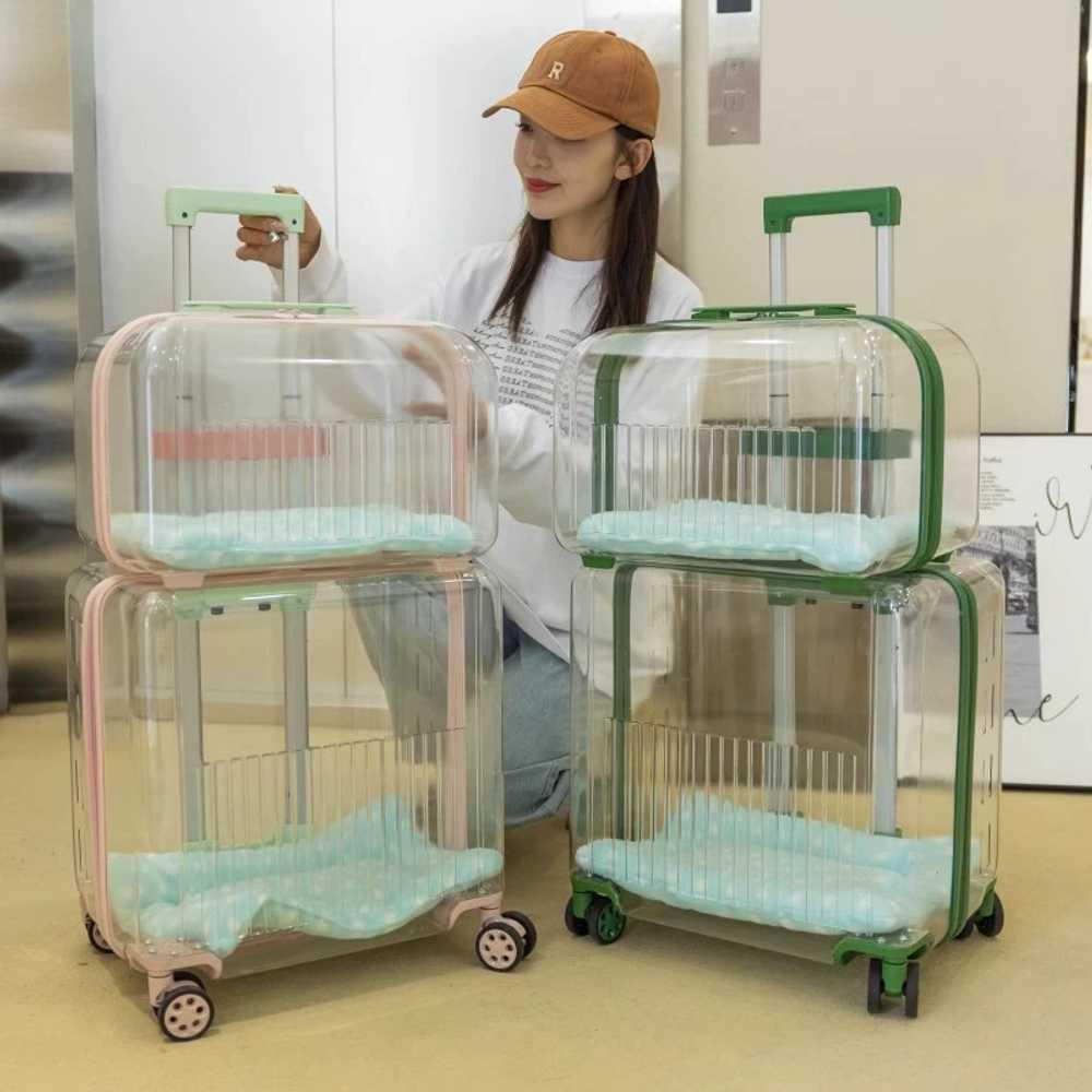 猫用透明キャリー 宇宙船ケージ 2段 2匹用 グリーン レイクグリーン