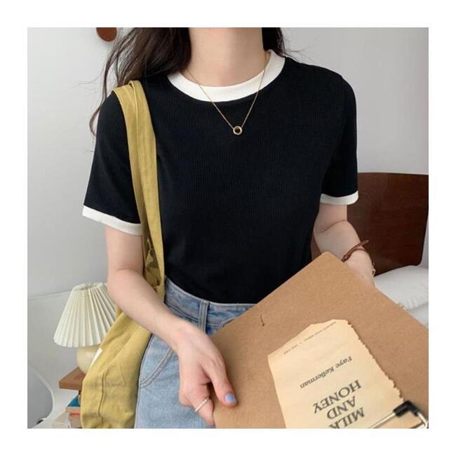 ラウンド 配色 半袖Tシャツ 春 夏 デイリーTシャツ レディース トップス U45416