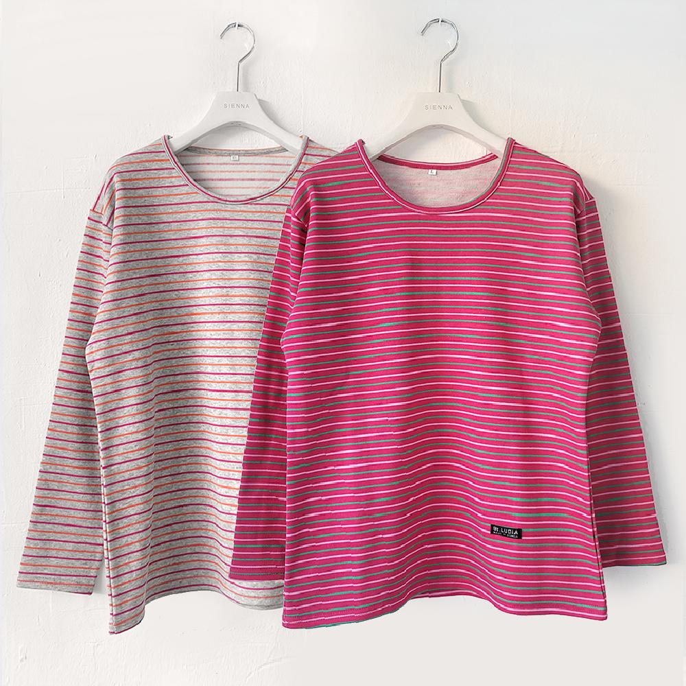 (1+1) ハニーママ コットン 裏起毛 おばあちゃん服 ストライプ Tシャツ 長袖Tシャツ 冬 老人ホーム 暖かい トップス 室内着