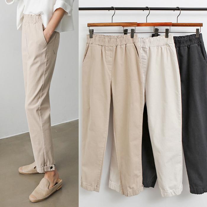 裾ボタン ウエストゴム スリム バギー 春 夏 秋 冬 レディース コットン スパン ジョガーパンツ アイボリー モスグリーン ベージュ 55 66 77