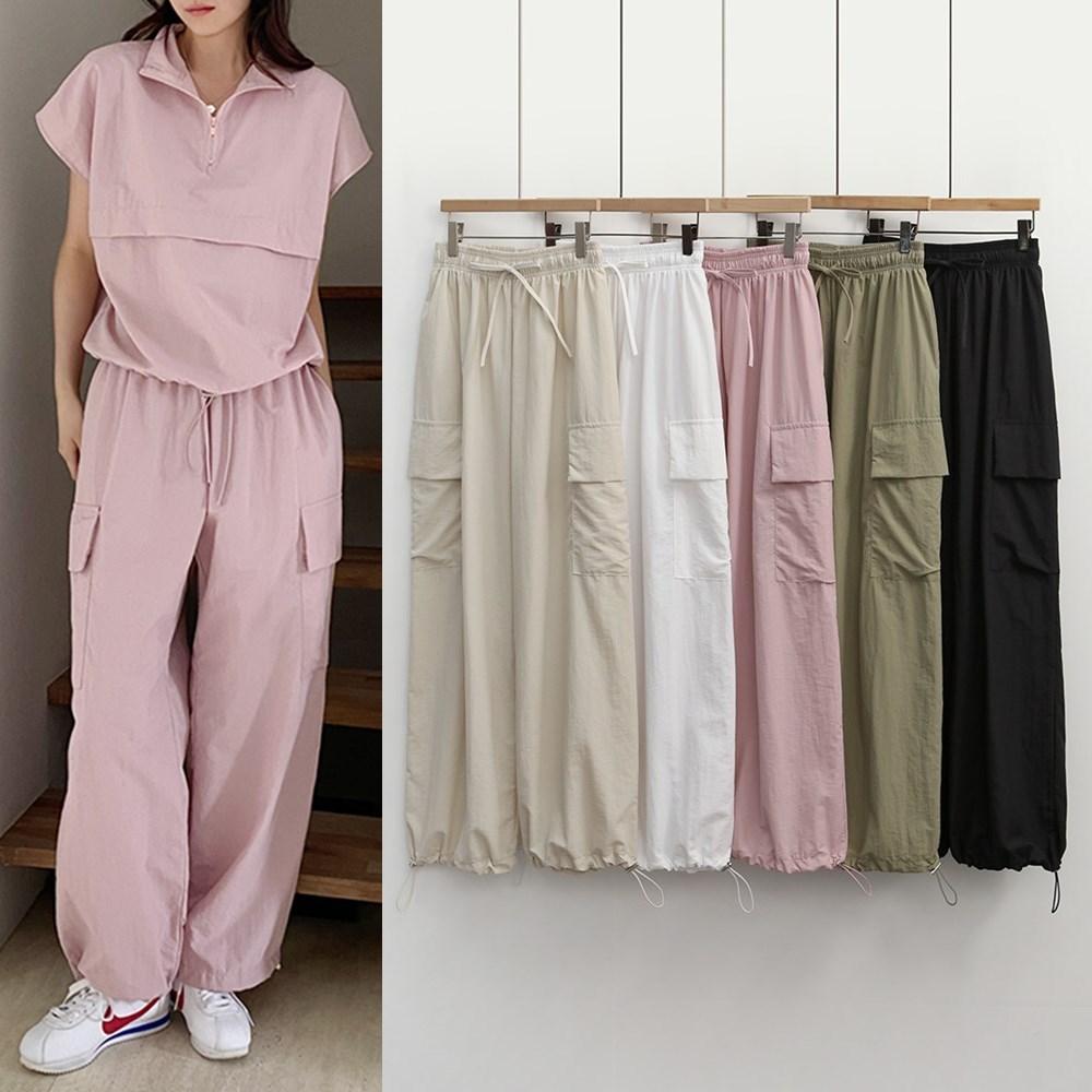 パリパリ カーゴパンツ 低身長さん 高身長さん ガンカップ ワイド アノラック カーゴ ストリング ジョガーパンツ