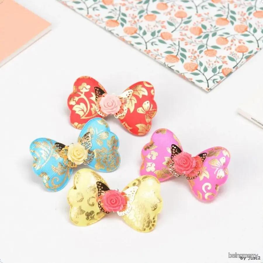 ローズフラワー バタフライ ゴールドポイント サテンリボン クリップピン レディース デイリー룩 結婚式二次会ハーフアップ