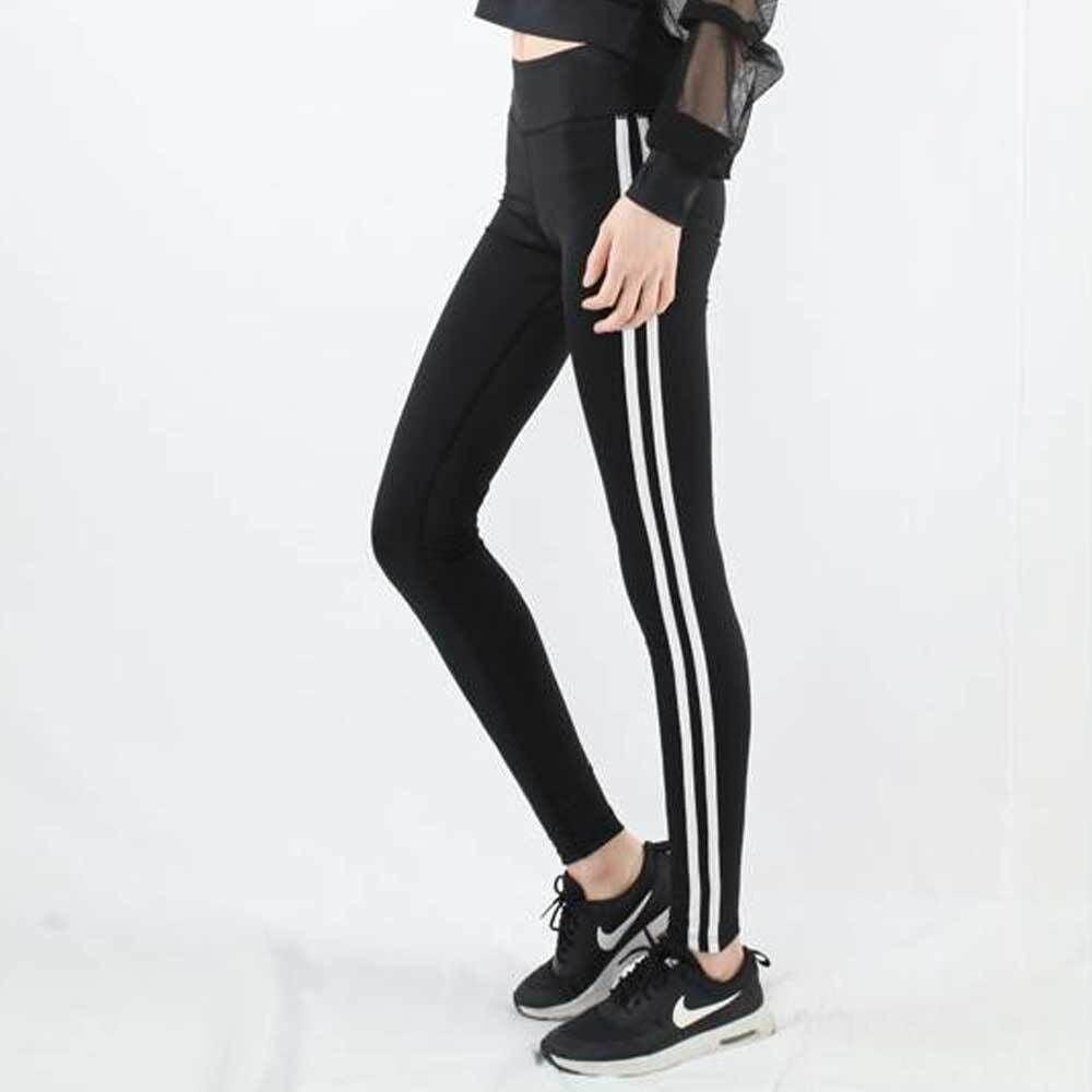 レディース 2本ライン ヨガウェア ボトムス レギンス トレーニングパンツ ズンバ ブラック-S