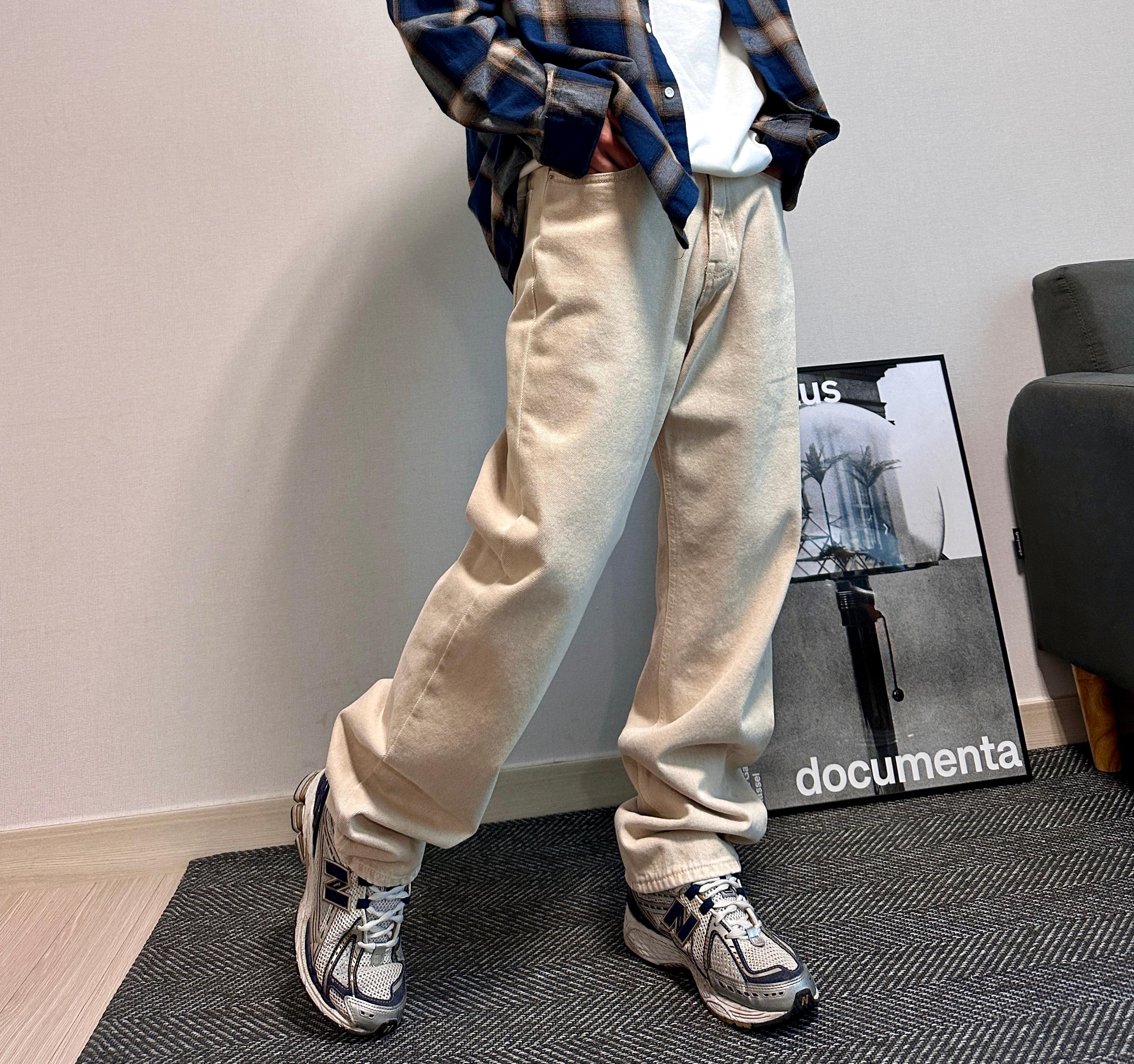 セミワイドパンツ レギュラーフィット ベージュパンツ ピグメントパンツ コットンパンツ