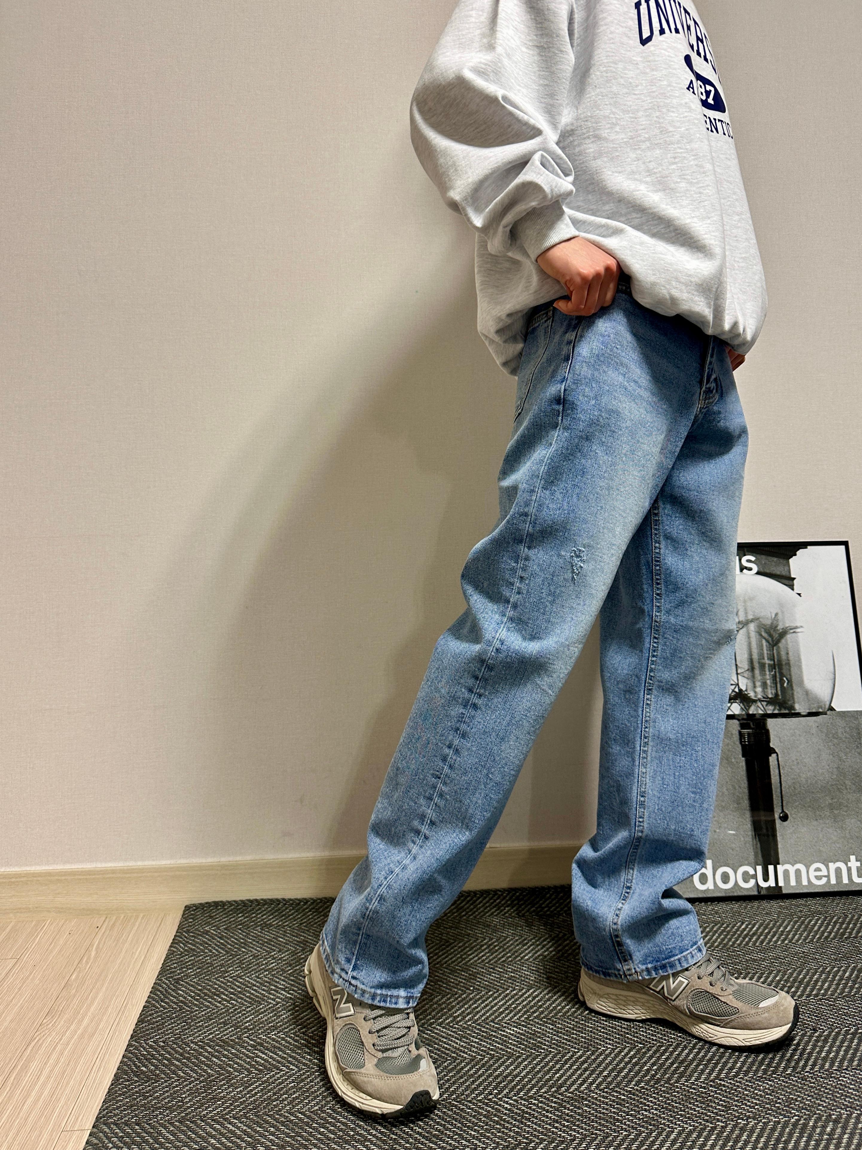 メンズストレートジーンズ ライトブルーデニム レギュラーフィット ウォッシングジーンズ メンズデニムパンツ