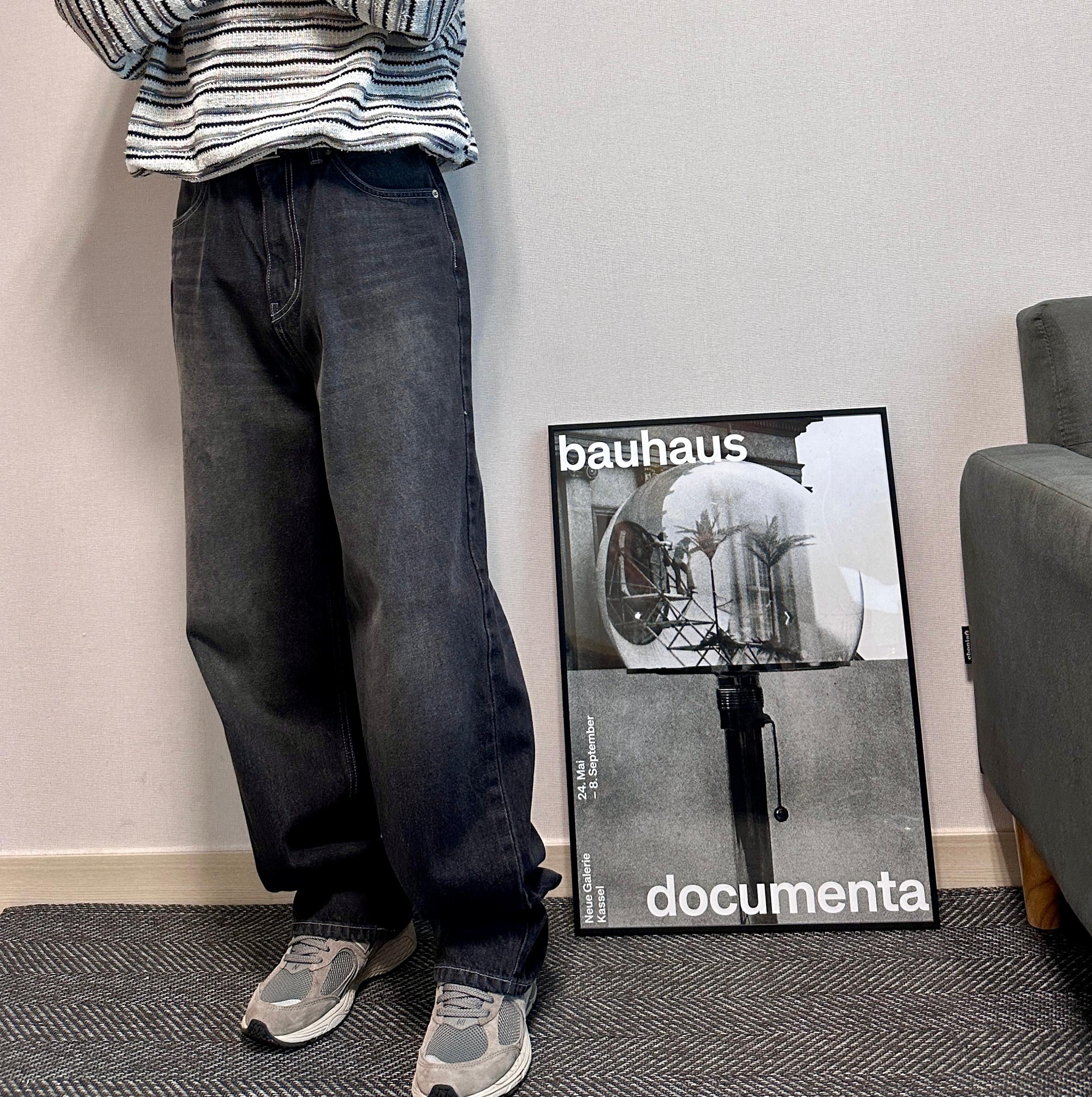 ブラックスジーンズ ワイドデニムパンツ ウォッシュドジーンズ ブラックデニム セミワイド