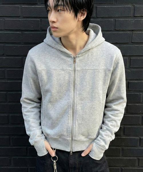 [언더오프] スリム クロップド フィンガーホール フーディー ジップアップ グレー UR40