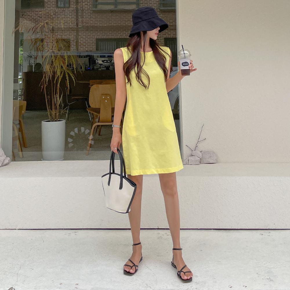 オリジナル リネン ノースリーブ ラウンドネック ベーシック タンクトップ ミニ ワンピース