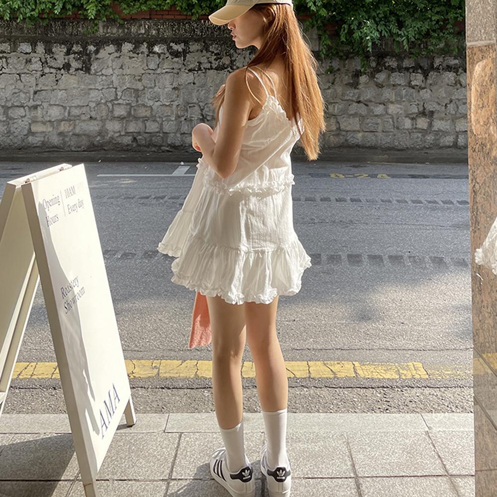 ボヘミアン フリル タンクトップ ワンピース バカンスワンピース 低身長女子 ホワイト ストラップ スリップ レース ミニ 夏 ワンピース