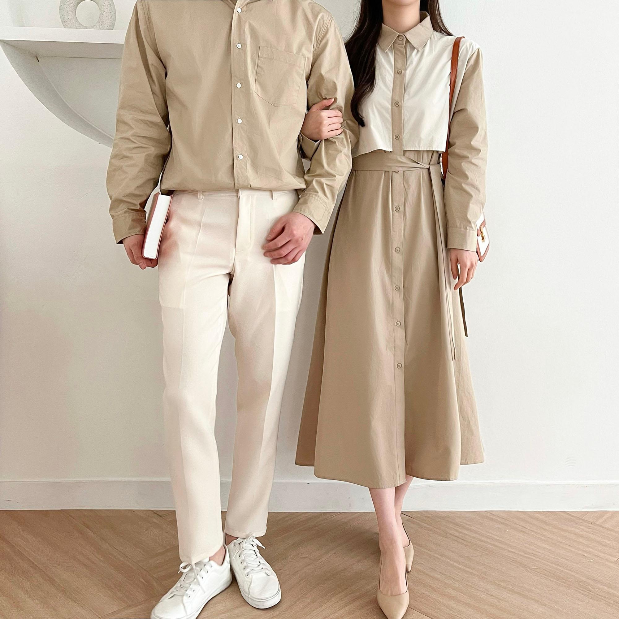 ベージュ プラハ トレンチシャツ ロングワンピース カップル シミラールック ビッグサイズ対応