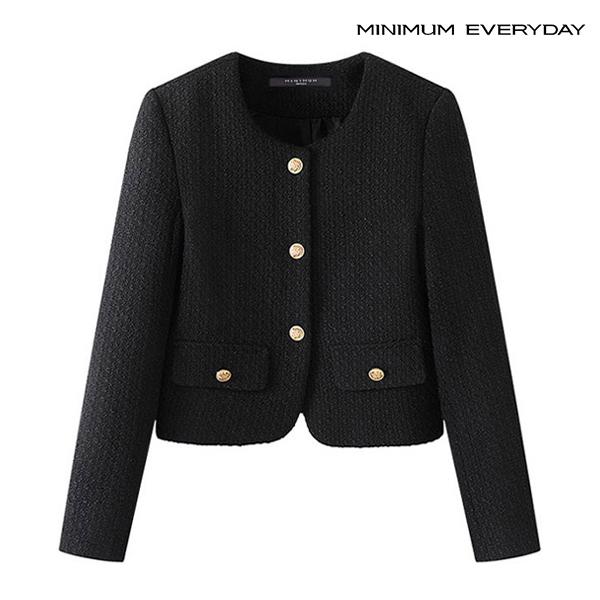 MINIMUM ノーカラー フェミニン フェイクポケット ツイード ジャケット EA3JK014D
