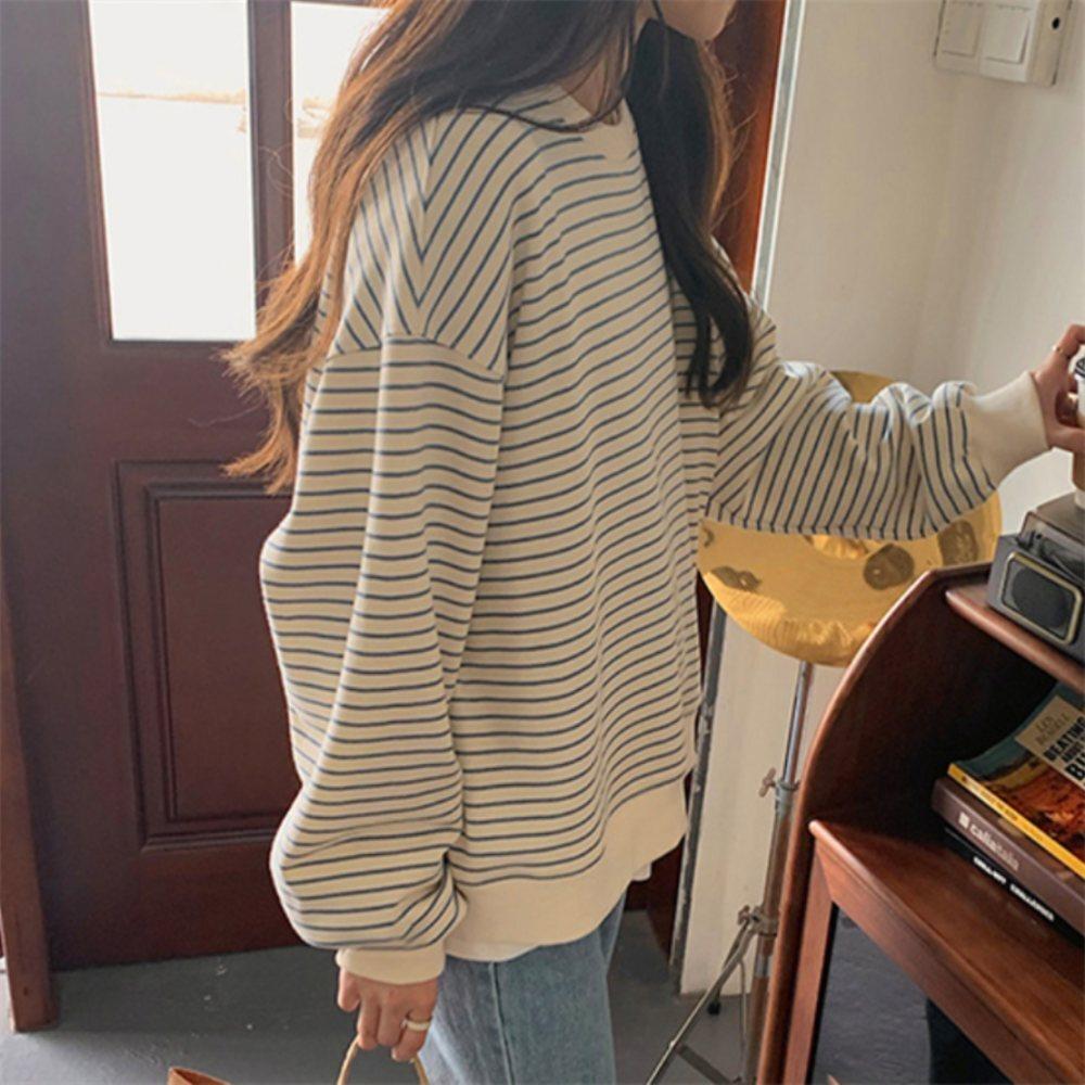 ベーシック ストライプ スウェット ストライプ長袖Tシャツ レディーストップス ルーズフィットTシャツ カジュアルルック