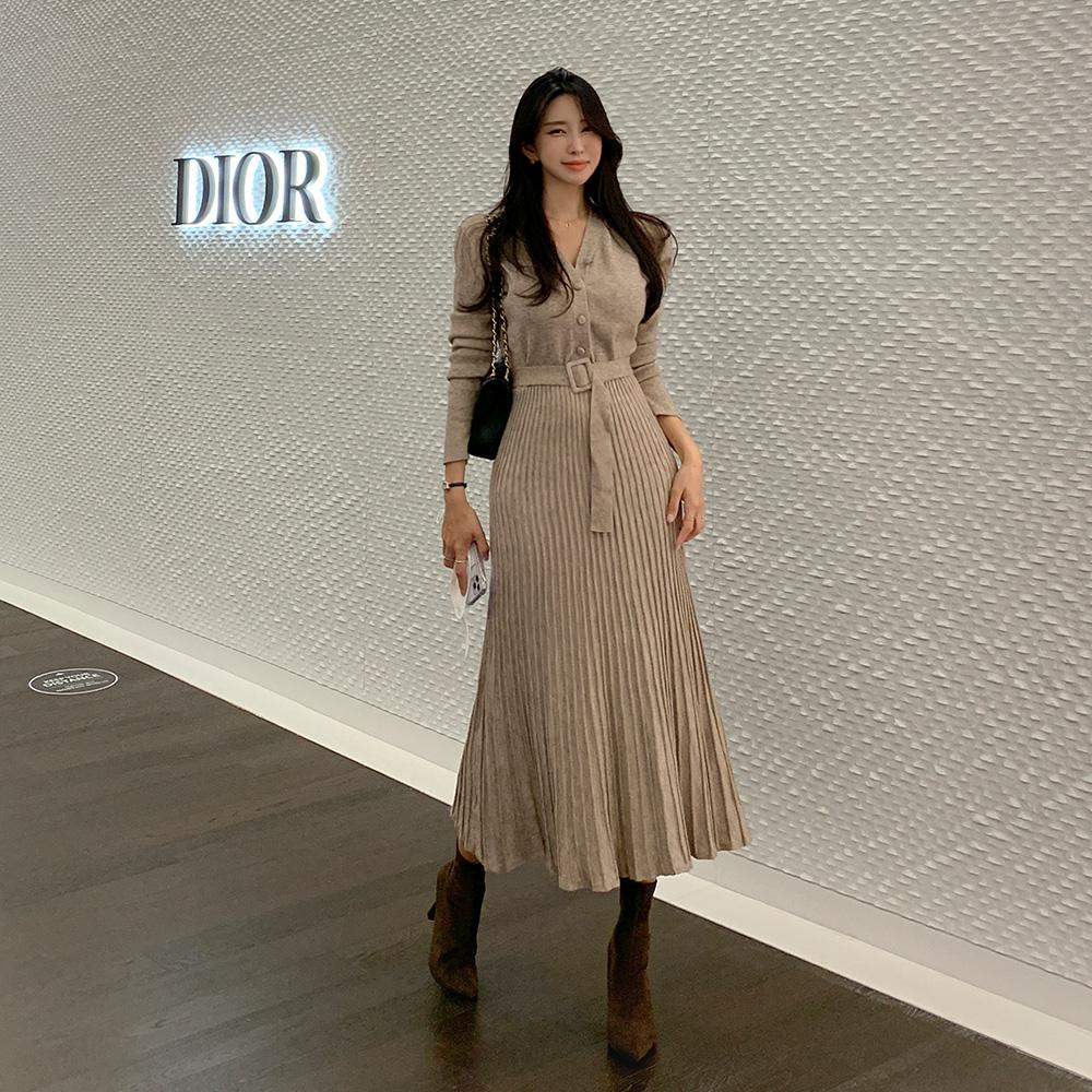 ハレムルック Vネック プリーツ ベルト ニット ロング ワンピース