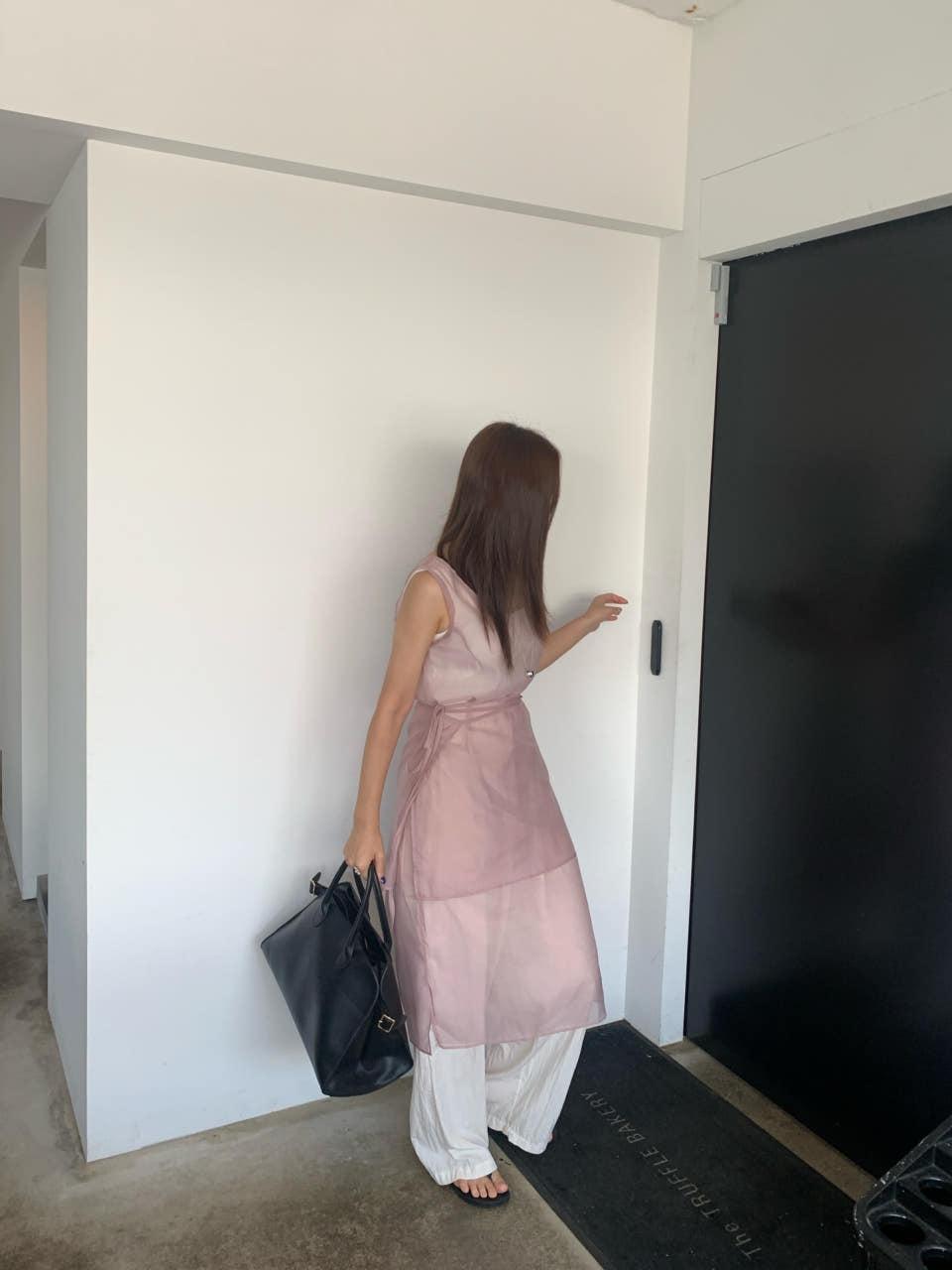 オーガンジーワンピース ラップ ペールピンク レイヤード シースルー ワンピース 3col