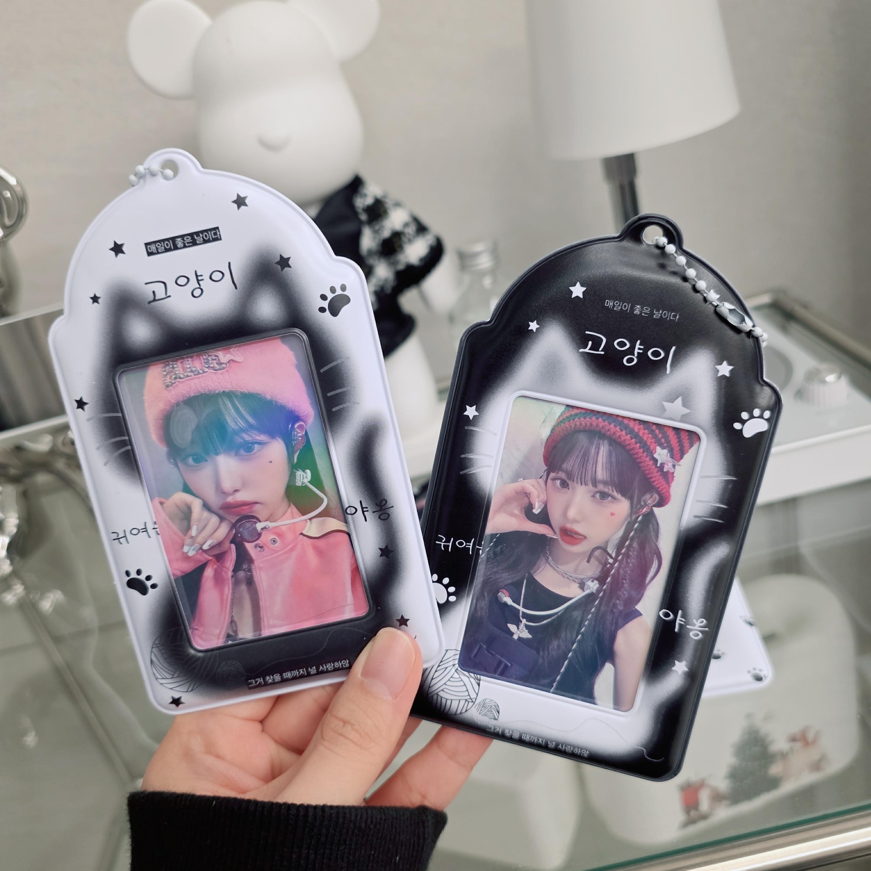 ブラック ホワイト 猫 ポカホルダー キーホルダー 写真 フォトカード ホルダー