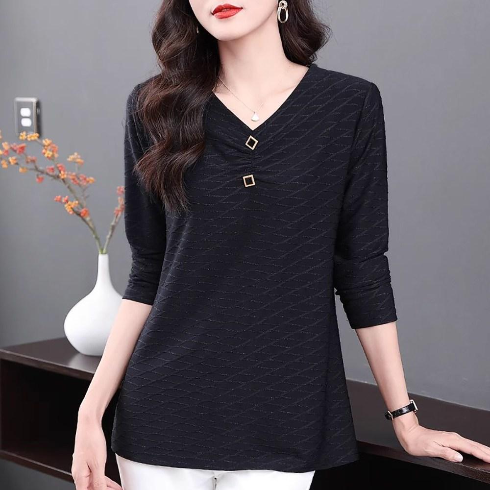 Jigodag 季節の変わり目 Vネック 長袖Tシャツ レディース オーバーサイズ トップス デイリールック インディゴ YZH73139