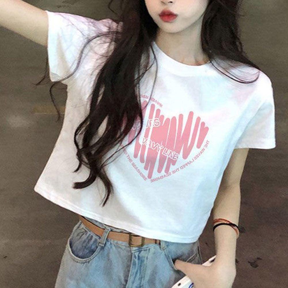 ハート レタリングプリント レディース 半袖 セミクロップ 夏 Tシャツ