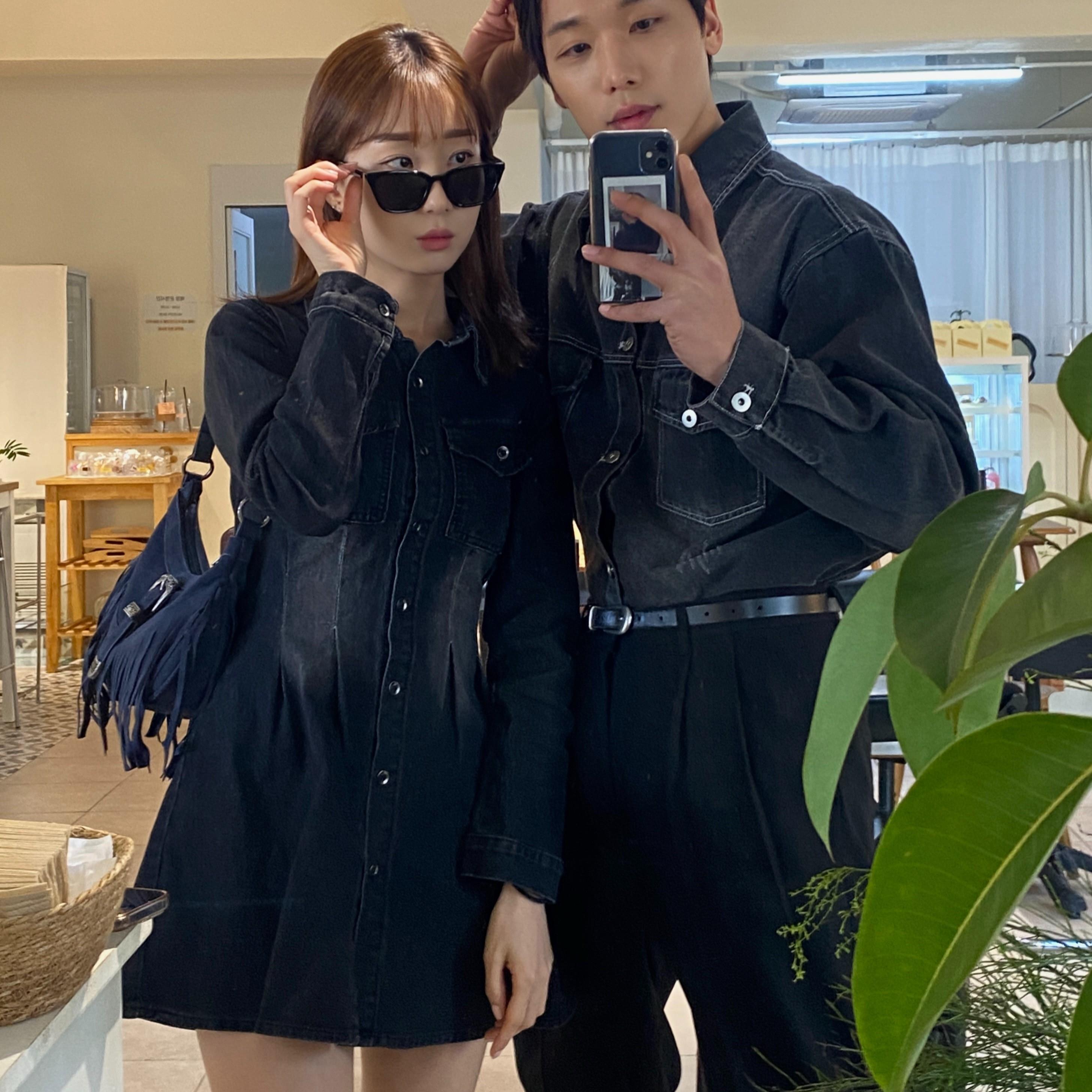 ブラックデニムワンピース 小柄さん向けワンピース Aライン デニム ミニワンピース カップルシミラールック 秋春 桜ルック