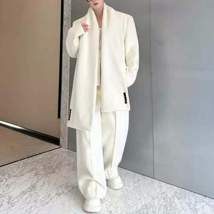 Wool Jacket Wide Pants Set Lapel-less Wool Blend Style Design High-End Men's Casual Suit Date Boyfriend Look