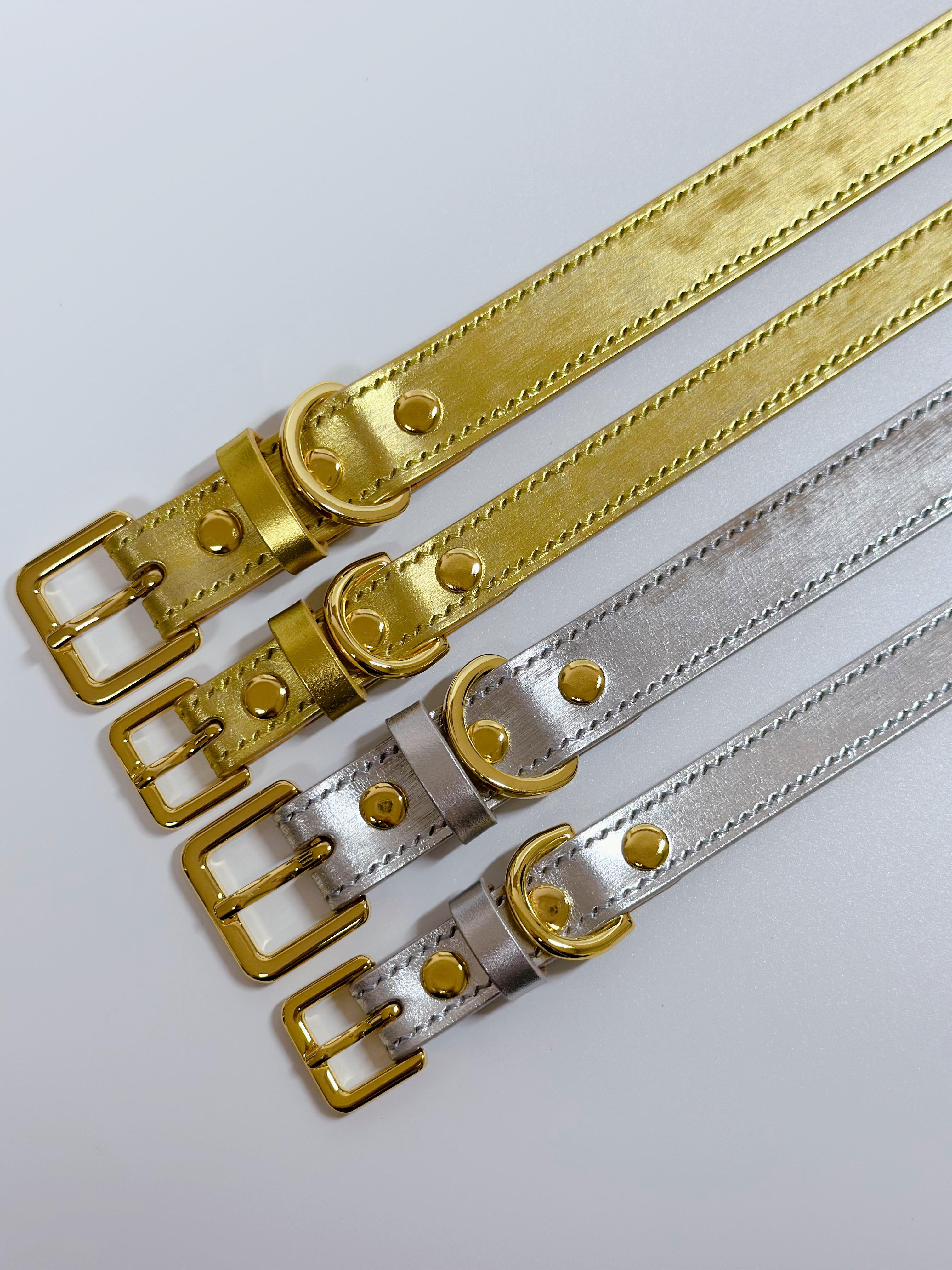 ゴールド＆シルバー 首輪 単品 / 犬 猫 レザー首輪 / カスタムメイド 小型犬 中型犬 天然皮革首輪