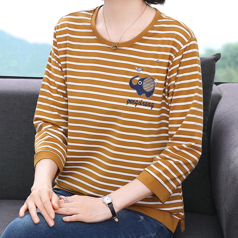 スタイルアイユー 95 コットン ママ服 ラウンドネック 7分袖 ストライプTシャツ ミドルエイジ女性 トップス TS3767