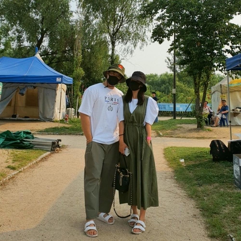 カップルシミラーック カーキ サロペットスカート ビスチェ 妊婦 ロングワンピース ビッグサイズ 春秋 シャリ感 キャンプルック