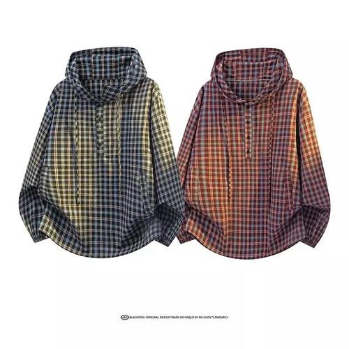 メンズ カジュアル デートスタイル ソリッドシャツ チェック ムード ショルダー プルオーバー フーディー 長袖 人気1