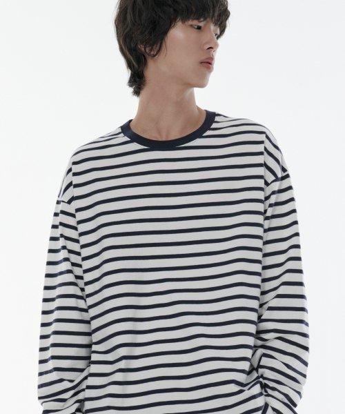 [MUSINSA STANDARD] ブレトン ストライプ リラックスド 長袖Tシャツ [ホワイト/ネイビー] MMCTL4Z04-73